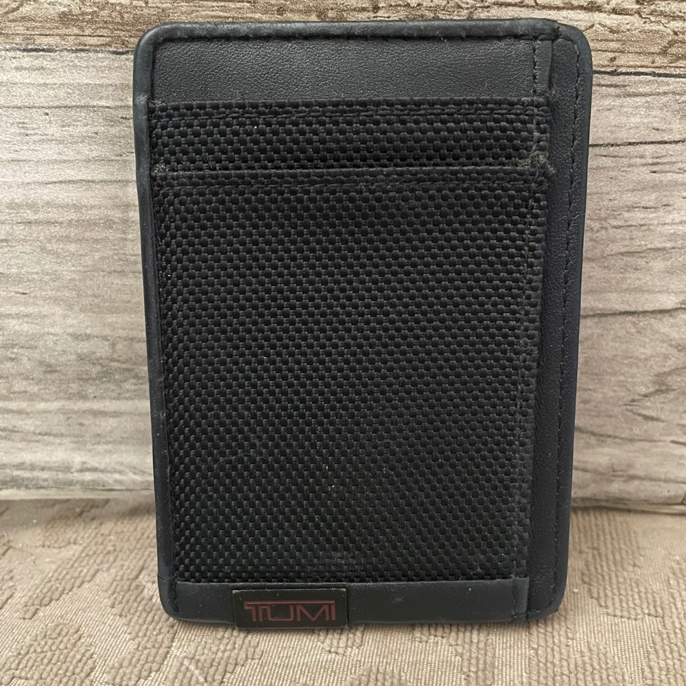 Tumi Black Ballistic Nylon and Leather Magnetic Money Clip Card Case Wallet